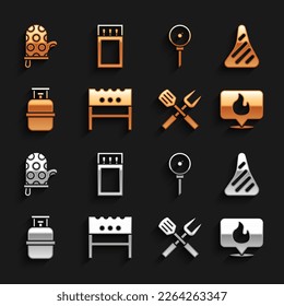 Set BBQ brazier, Steak meat, Location with fire flame, Crossed fork and spatula, Propane gas tank, Kitchen thermometer, Oven glove and Matchbox matches icon. Vector