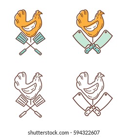 Set of bbq chicken with spatula and knife in line art drawing. Vector illustration