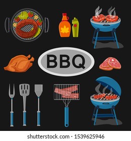 Set of BBQ and different tools for barbecue party. Vegetables, chicken, steak and sausage cooking on grill. Vector illustration.