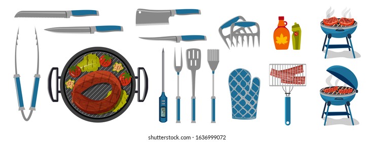 Set of BBQ and different tools for barbecue party. Vegetables, chicken, steak and sausage cooking on grill. Vector illustration.