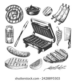 Set of bbq equipment and food. Hand drawn collection of bbq tool and food. Electric barbecue press grill. Spiral sausage, roasted steak, fried piece of fish, ribs isolated on white background