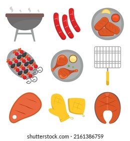 Set of BBQ equipment for grill meal during picnic, drawing cartoon style with element for graphic designer, vector illustration