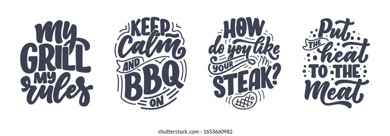 Set with Bbq fun slogans, great design for any purposes. Lettering for family dinner design. Funny print, poster and banner with phrase about barbeque. Vector illustration