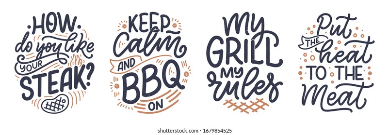 Set with Bbq fun slogans, great design for any purposes. Lettering for family dinner design. Funny print, poster and banner with phrase about barbeque. Vector illustration