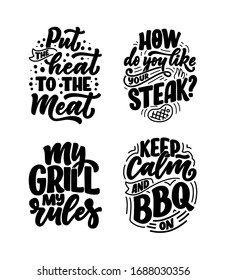 Set with Bbq fun slogans, great design for any purposes. Lettering for family dinner design. Funny print, poster and banner with phrase about barbeque. Vector illustration