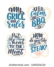 Conjunto con lemas de Bbq divertidos, gran diseño para cualquier propósito. Carteles para el diseño de la cena familiar. Impresión divertida, afiche y pancarta con frases sobre barbacoa. Ilustración del vector