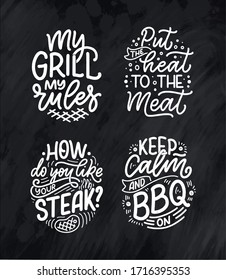 Set with Bbq fun slogans, great design for any purposes. Lettering for family dinner design. Funny print, poster and banner with phrase about barbeque. Vector illustration