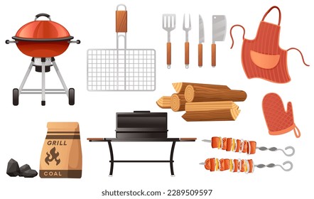 Set of BBQ grill cooking equipment vector illustration isolated on white background