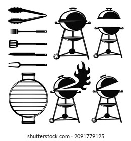Set of BBQ grill icons and design elements in vintage monochrome style. Design element for poster, card, banner, logo. Vector illustration