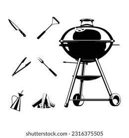 Set of BBQ grill icons and design elements in vintage monochrome style. Design element for poster, card, banner, logo. BBQ Vector illustration