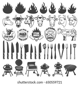 Set of BBQ and Grill labels and design elements. Bull and cow heads, butcher tools, grills, fire icons. Design elements for logo, label, badge, emblem, sign, menu, poster.