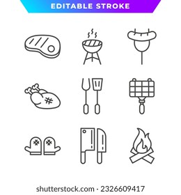 Set of BBQ and Grill Outline Icon. Sausage, Chicken, Steak, Knife, Campfire, Spatula, Gloves, and More. Editable Stroke. Vector Eps 10