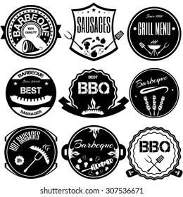 Set bbq, grill; sausages; restaurant; steak; retro vintage badges, ribbons and labels hipster signboard