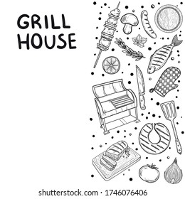 Set of BBQ and grill sketch objects isolated on white background. Hand drawn barbecue elements. Grill menu design template.