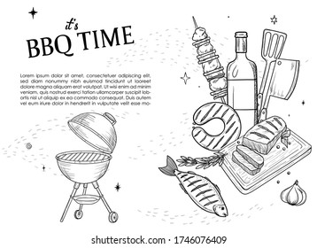 Set of BBQ and grill sketch objects isolated on white background. Hand drawn barbecue elements. Grill menu design template.