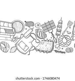 Set of BBQ and grill sketch objects isolated on white background. Hand drawn barbecue elements around text. Grill menu design template. Seamless pattern
