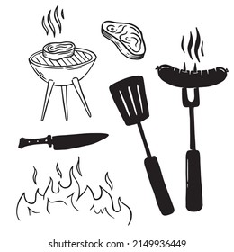 Conjunto de herramientas de barbacoa y parrilla aisladas sobre fondo blanco. Diseñar elementos de doodle para el menú.