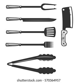 Set Of Bbq And Grill Tools Isolated On White Background. Design Elements For Menu, Poster, Emblem, Sign. Vector Monochrome Illustration