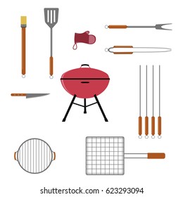 Set of BBQ or grill tools. Isolated on white background. Vector illustration.