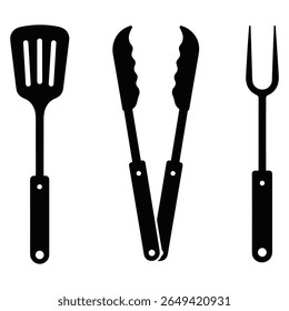Set of bbq grilling utensils including spatula tongs and fork silhouette