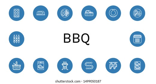 Set of bbq icons such as Meatball, Tenderloin, Steak, Sausage, Picnic basket, Charcoal grill, Shish kebab , bbq