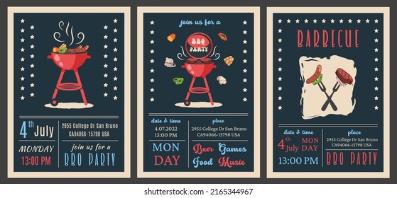 Set of BBQ invitation 4th of July. Holiday card for American independence day. Poster, banner, flyer template for barbecue party and summer picnic. Vector illustration with brazier, steaks, meat food