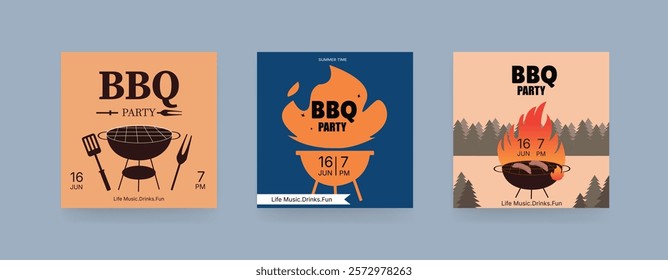 Set of BBQ Invitation Banner, barbeque invitation, Barbecue Square banner. Retro Style.