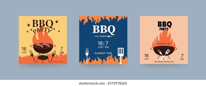 Set of BBQ Invitation Banner, barbeque invitation, Barbecue Square banner. Retro Style.