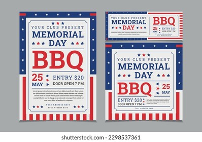 Set of BBQ Invitation for memorial day, memorial day barbeque invitation, flyer and social cover vector illustration eps 10
