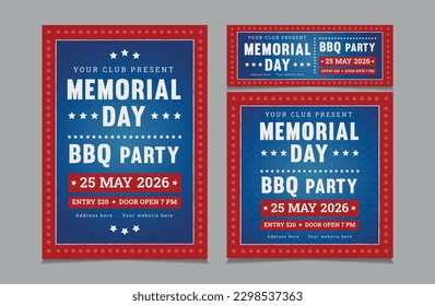 Juego de Invitación a la barbacoa para el día conmemorativo, día conmemorativo invitación a la barbacoa, volante y portada social ilustración vectorial eps 10
