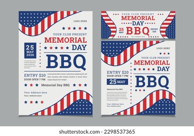 Set of BBQ Invitation for memorial day, memorial day barbeque invitation, flyer and social cover vector illustration eps 10
