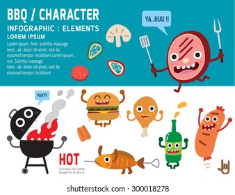 set of bbq mascot character design. infographic elements. vector illustration.