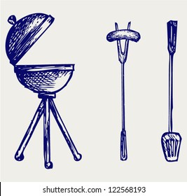 Set of bbq objects. Doodle style