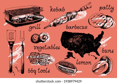 Set of bbq objects, doodle style, vector illustration