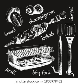 Set of bbq objects, doodle style, vector illustration