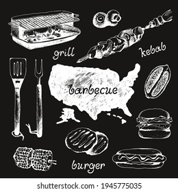 Set of bbq objects, doodle style, vector illustration