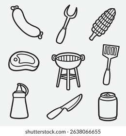 set of bbq with outline style equipment good for icon, symbol, element design, coloring book, coloring page, etc