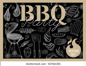 Set BBQ party. Barbecue elements, food, steak, sausages, meat, drinks, mustard, mushrooms, tomatoes, vegetables, fire. Hand drawn vector illustration.