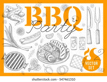 Set BBQ party. Barbecue elements, food, lemon, sausages, chicken, drinks, knife, onion, wings, tomatoes, vegetables, fire. Hand drawn vector illustration.