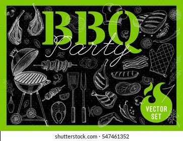 Set BBQ party. Barbecue elements, food, steak, sausages, meat, drinks, mustard, mushrooms, tomatoes, vegetables, fire. Hand drawn vector illustration.