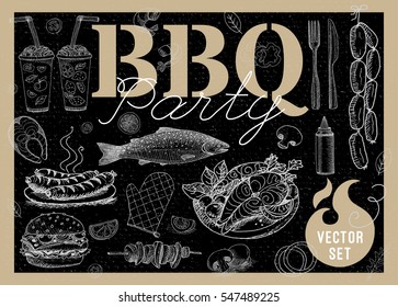 Set BBQ party. Barbecue elements, food, lemon, sausages, fish, seafood, drinks, knife, onion, wings, tomatoes, vegetables, fire. Hand drawn vector illustration.