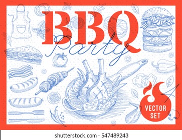 Set BBQ party. Barbecue elements, food, meat, sausages, bacon, sandwich, hamburger, onion, wings, tomatoes, vegetables, fire. Hand drawn vector illustration.