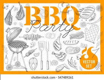 Set BBQ party. Barbecue elements, food, steak, sausages, meat, drinks, mustard, mushrooms, tomatoes, vegetables, fire. Hand drawn vector illustration.