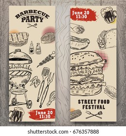 Set of bbq party invitation templates on light background. Grill, beer,meat, burger ,steak. Street food festival