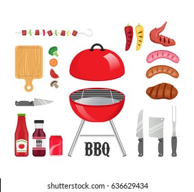 Set of BBQ products and tools vector illustration with grill, sauces, utensils, meat and vegetables.