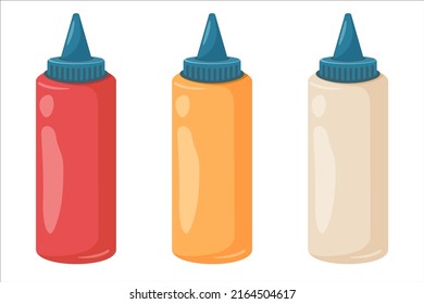 Set of bbq sauce bottle isolated. Template of ketchup, mustard and mayonnaise bottle. Vector cartoon illustration for barbeque card design, summer picnic 