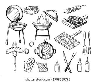 Set of bbq sketches. Barbecue objects. Hand drawn illustration. Vector