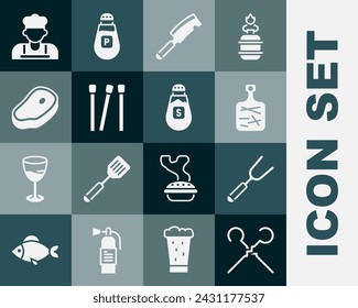 Set BBQ skewers, Barbecue fork, Cutting board, Meat chopper, Matches, Steak meat, Cook and Salt icon. Vector