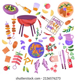 Set with  BBQ stuff and food. Summer time grill fun. Isolated objects on white background. Vector illustration.