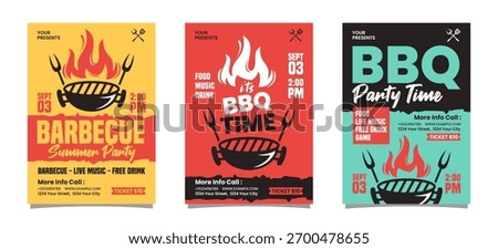 Set Of BBQ Summer Party Vertical Portrait Flyer or Poster, BBQ Party Time invitation poster vector template